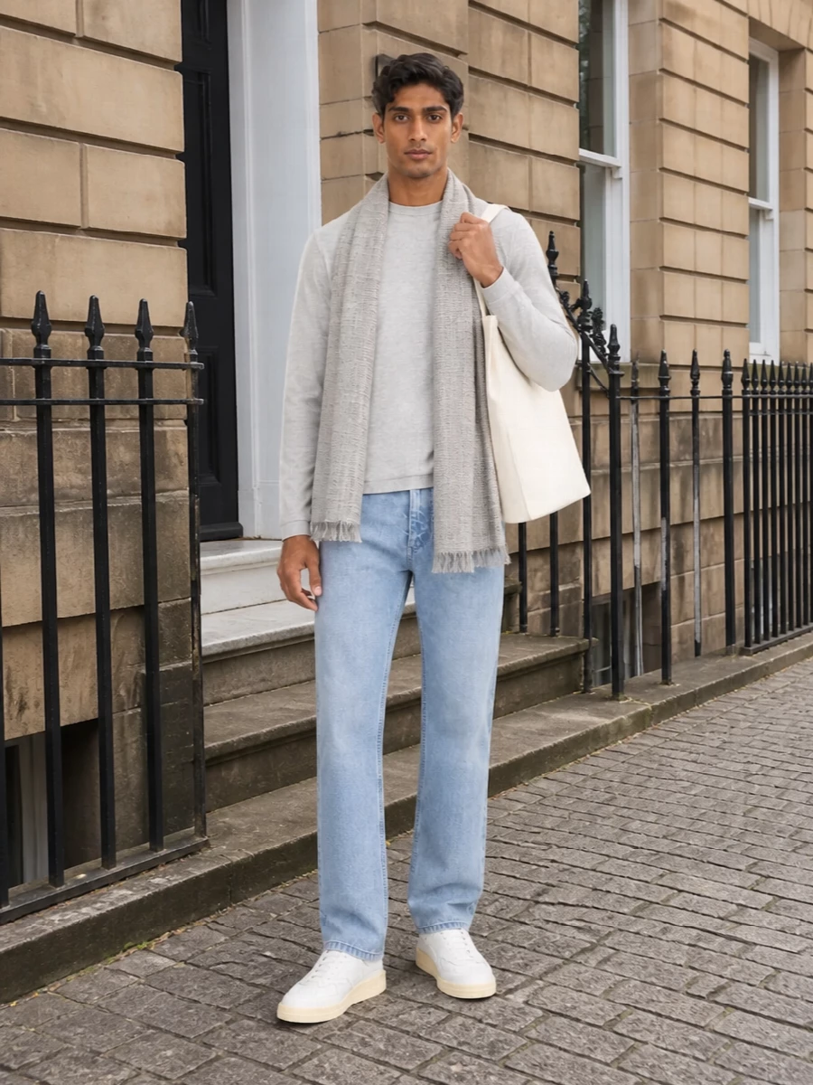 A light grey long-sleeve tee sits over straight light-wash denim for a calm, precise take on casual dressing. Clean white leather sneakers echo the softness of the palette, while an off-white structured tote and a finely textured stone scarf bring quiet architectural detail. The result is relaxed, monochromatic and intentional, ideal for warm days when you still want clarity and polish.