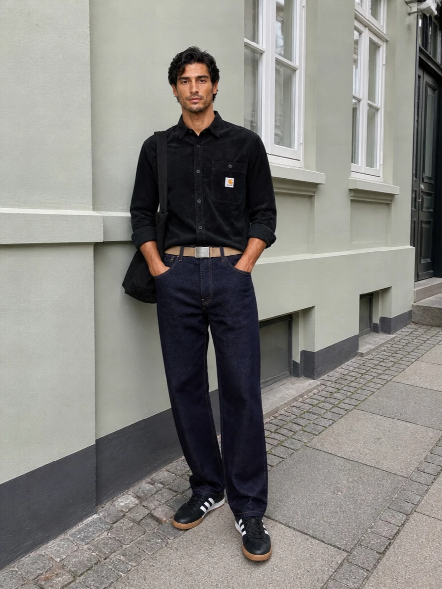 Dark indigo workwear denim meets a washed black corduroy shirt for a clean, utility-driven uniform that feels grounded but not heavy. Black gum-sole sneakers keep it street and agile, while the oversized black tote and sand webbing belt add just enough function and contrast to feel considered for long city days.