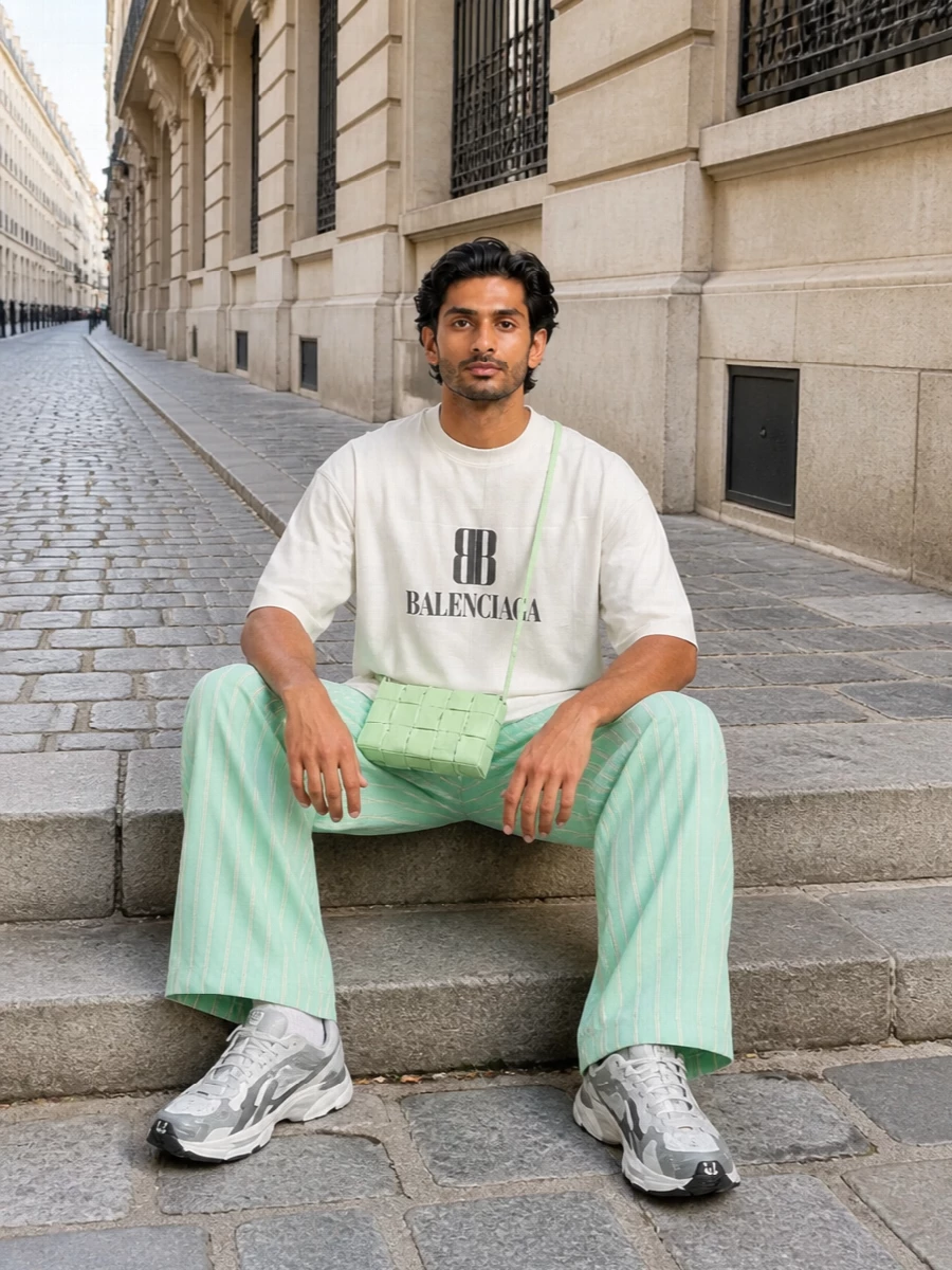 Balenciaga mint wide leg trouser white tee outfit