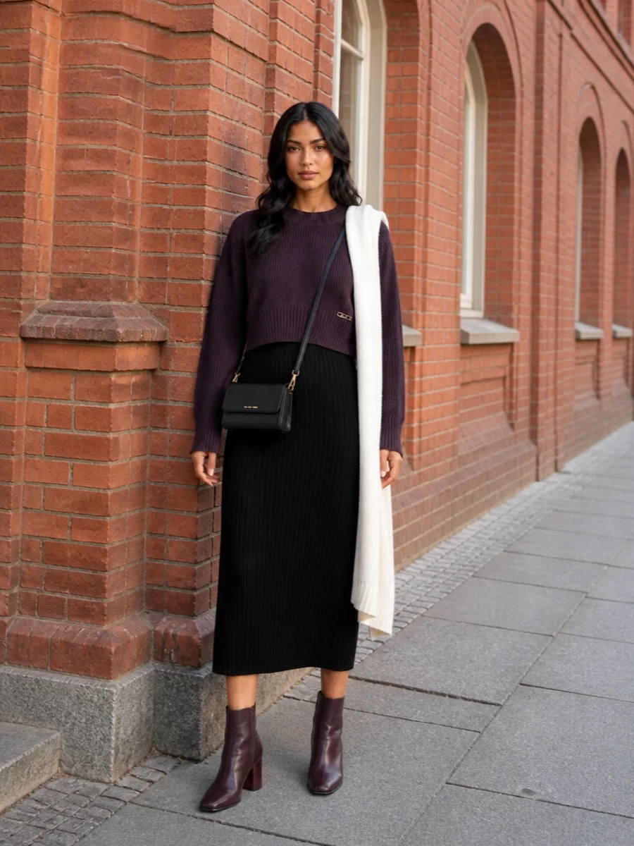 Michael kors plum sweater black knit midi skirt