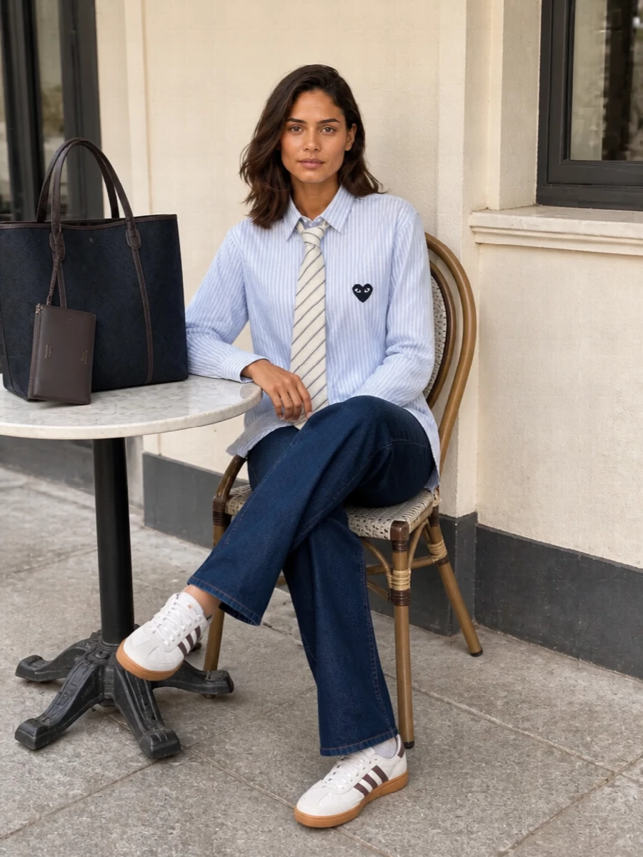 I’m keeping the tie in its natural habitat, over a striped Comme des Garçons Play shirt, but relaxing the formula with straight dark denim instead of suiting. Cream in the tie talks to off-white on the retro adidas courts, while navy repeats through shirting, jeans and the structured tote so the whole mix feels intentional rather than matchy. It reads like modern campus-uniform energy: a bit street, a bit preppy, and fully wearable from coffee runs to casual meetings.