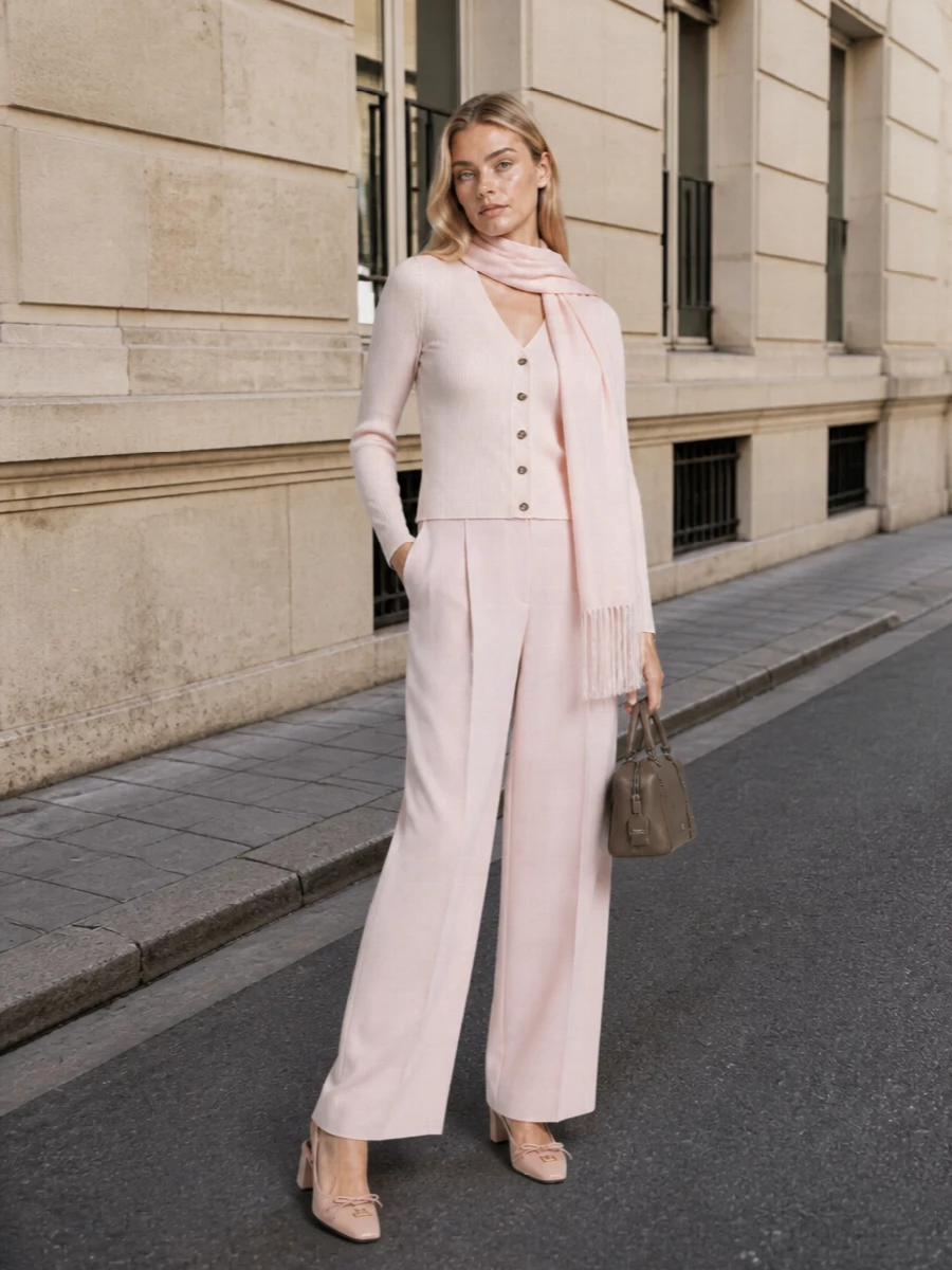 Blush cardigan wide leg trousers outfit
