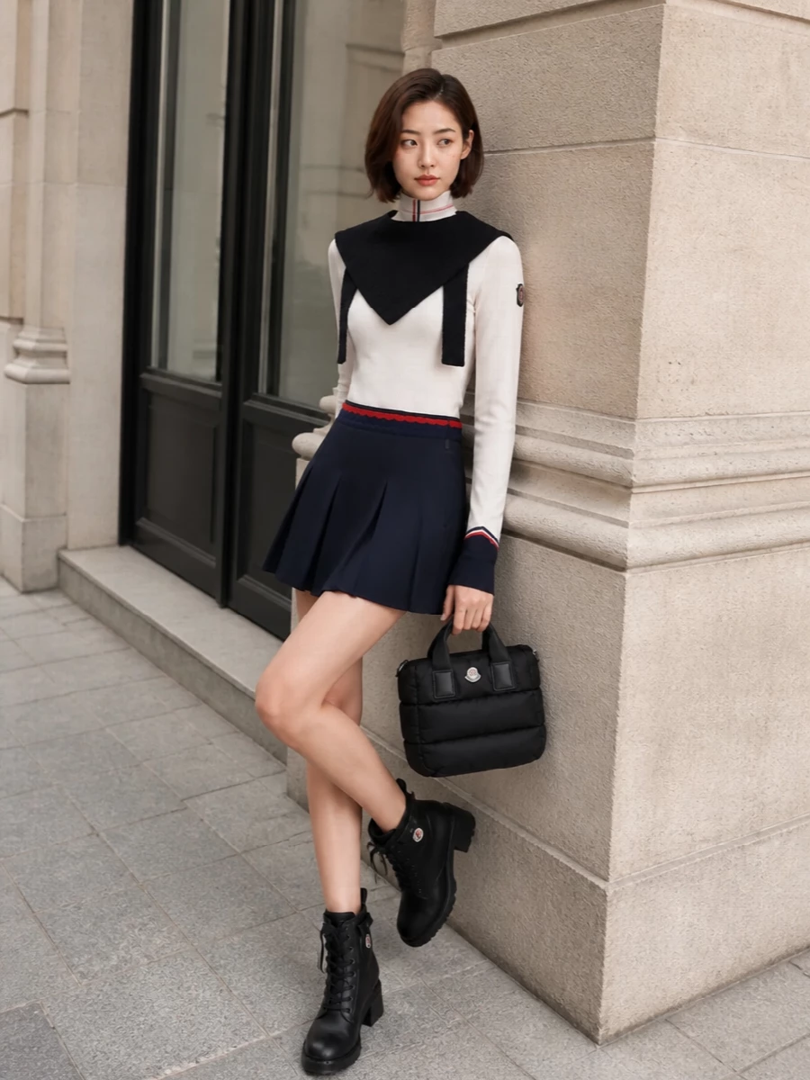 This look leans into a modern tennis-prep mood: the navy pleated mini is paired with a slim ivory turtleneck trimmed in navy and red, mirroring the skirt’s waistband for a sharp, cohesive line. Black Moncler combat boots and a quilted mini tote ground the outfit with alpine attitude, while the structured knit bandana adds a subtle, fashion-forward frame at the collar for cold-city days or polished après-ski plans.