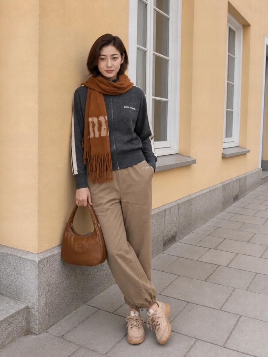 Miu miu camel track pants neutral sneakers outfit