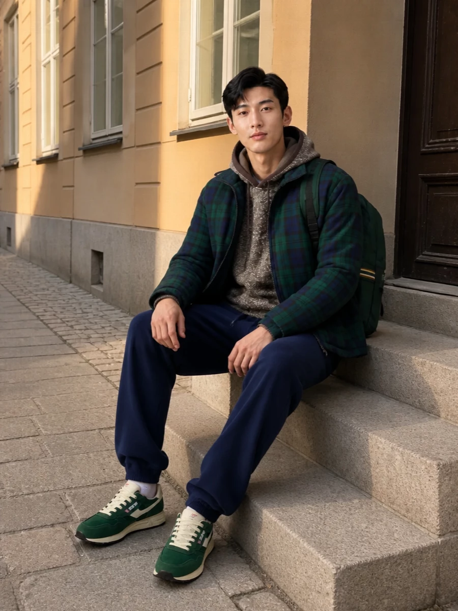 K way tartan jacket navy track pants autry sneakers