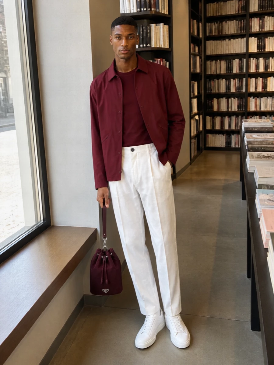Herno burgundy jacket white trousers outfit