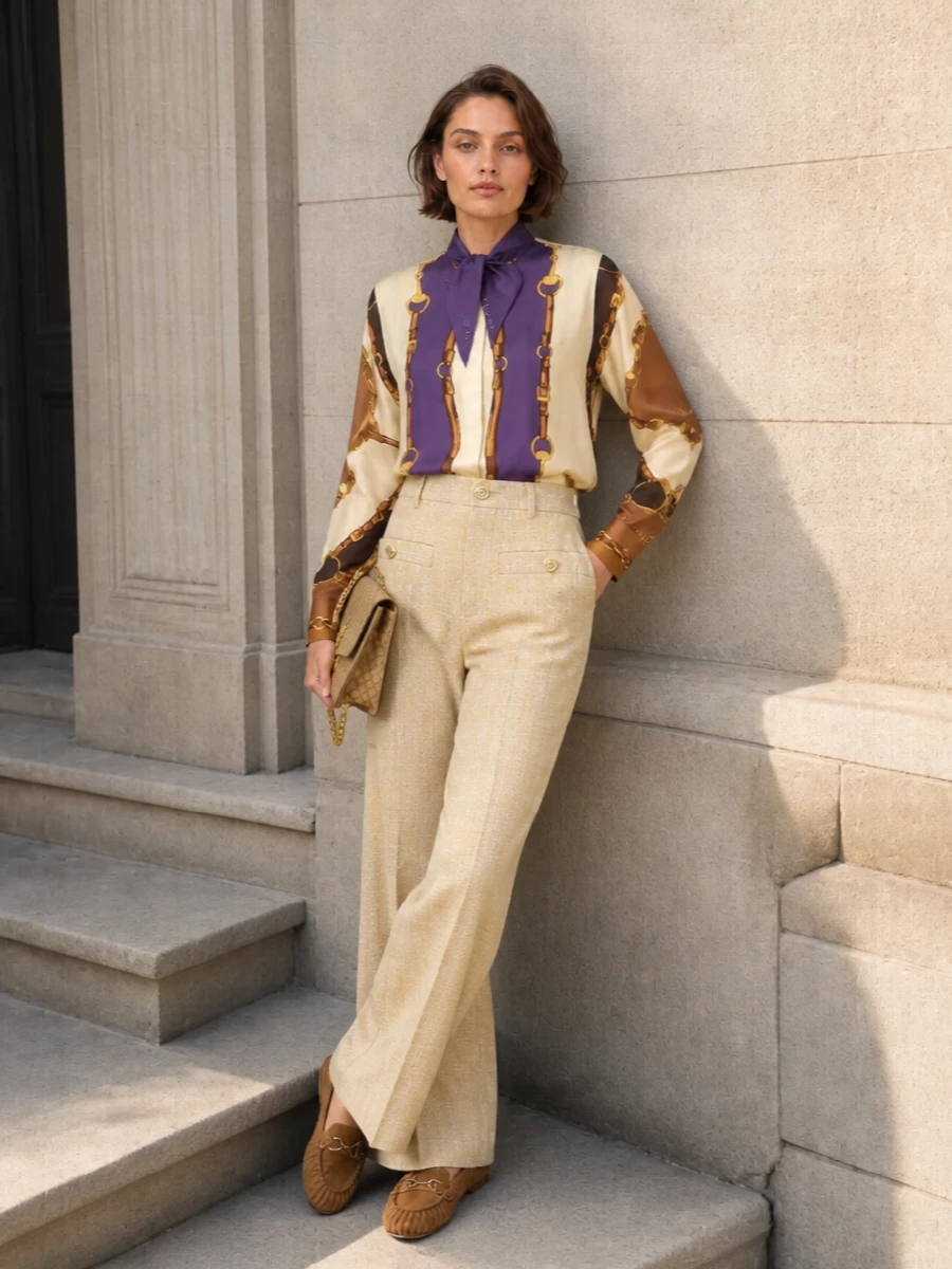 Gucci equestrian shirt beige wide leg trousers