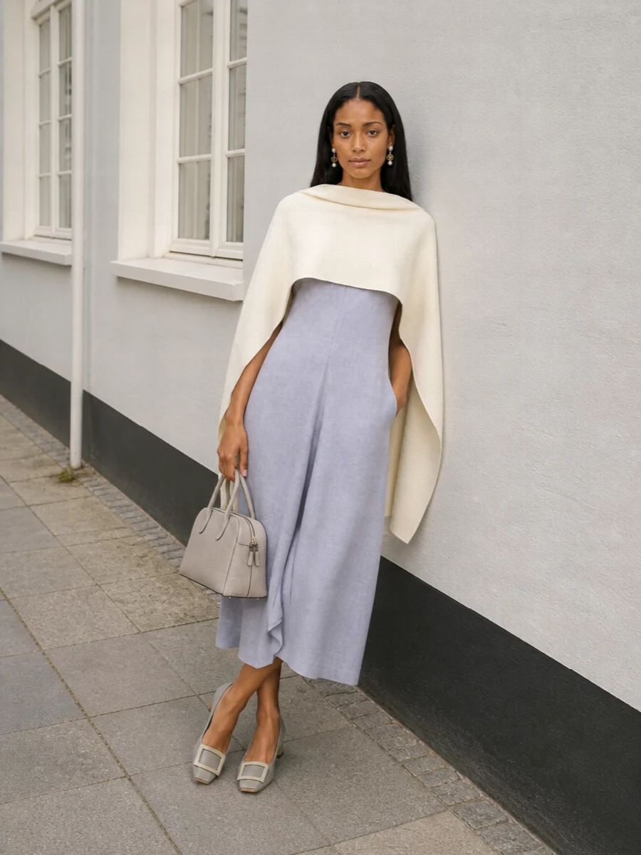 A dove-grey column in precise tailoring, kept tonal with soft grey pumps and a structured taupe top-handle, reads calm yet intentional for evening. Pearl-drop studs and an ivory wrap introduce just enough softness and luminosity while preserving the dress’s clean architectural line. The result feels composed, gallery-ready and quietly confident from first drink to last departure.