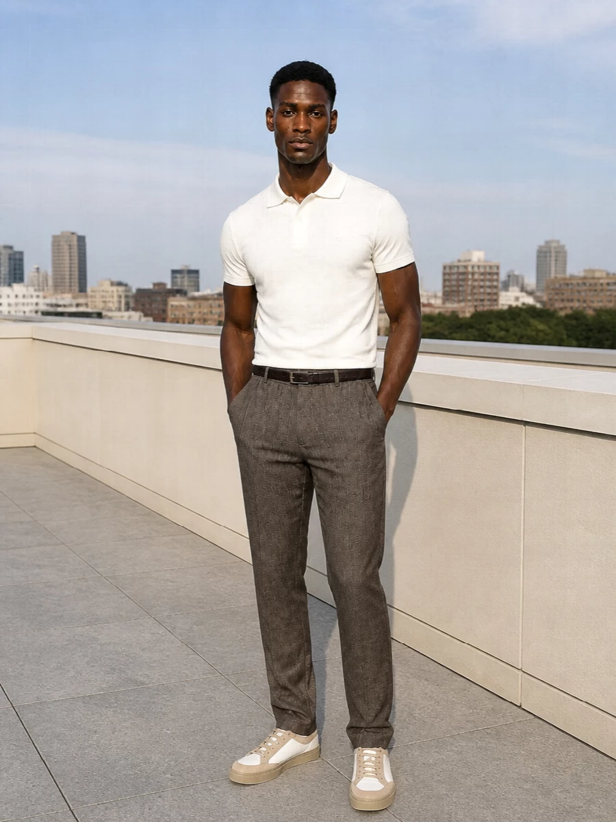 Warm brown tailoring meets a clean off white polo for a quietly polished city uniform. The trousers stay relaxed in attitude but precise in line, grounded by tonal leather sneakers and a dark chocolate tote. A slim brown belt sharpens the waist without breaking the calm, neutral palette.