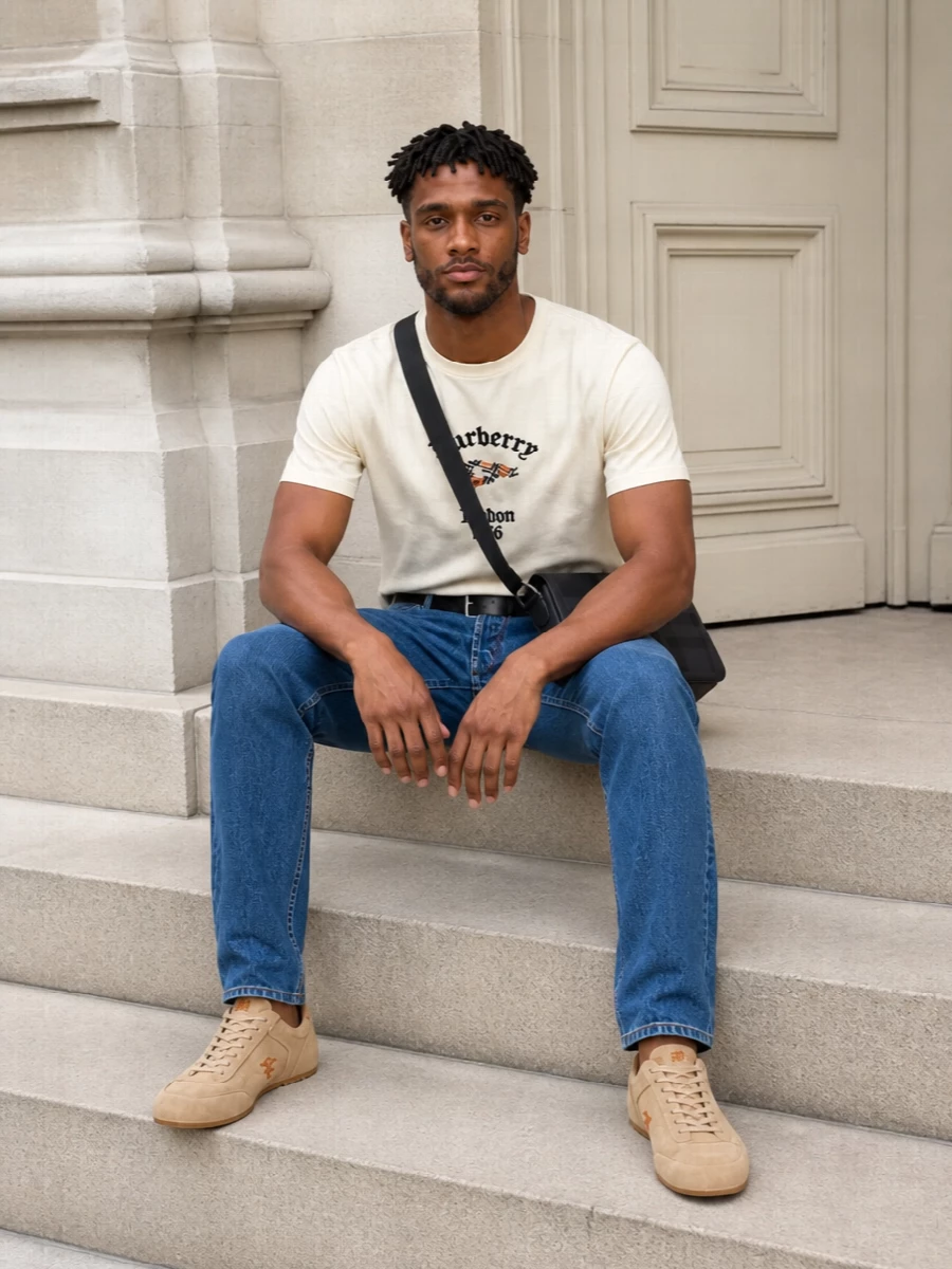 Burberry mens cream logo tee with jeans outfit
