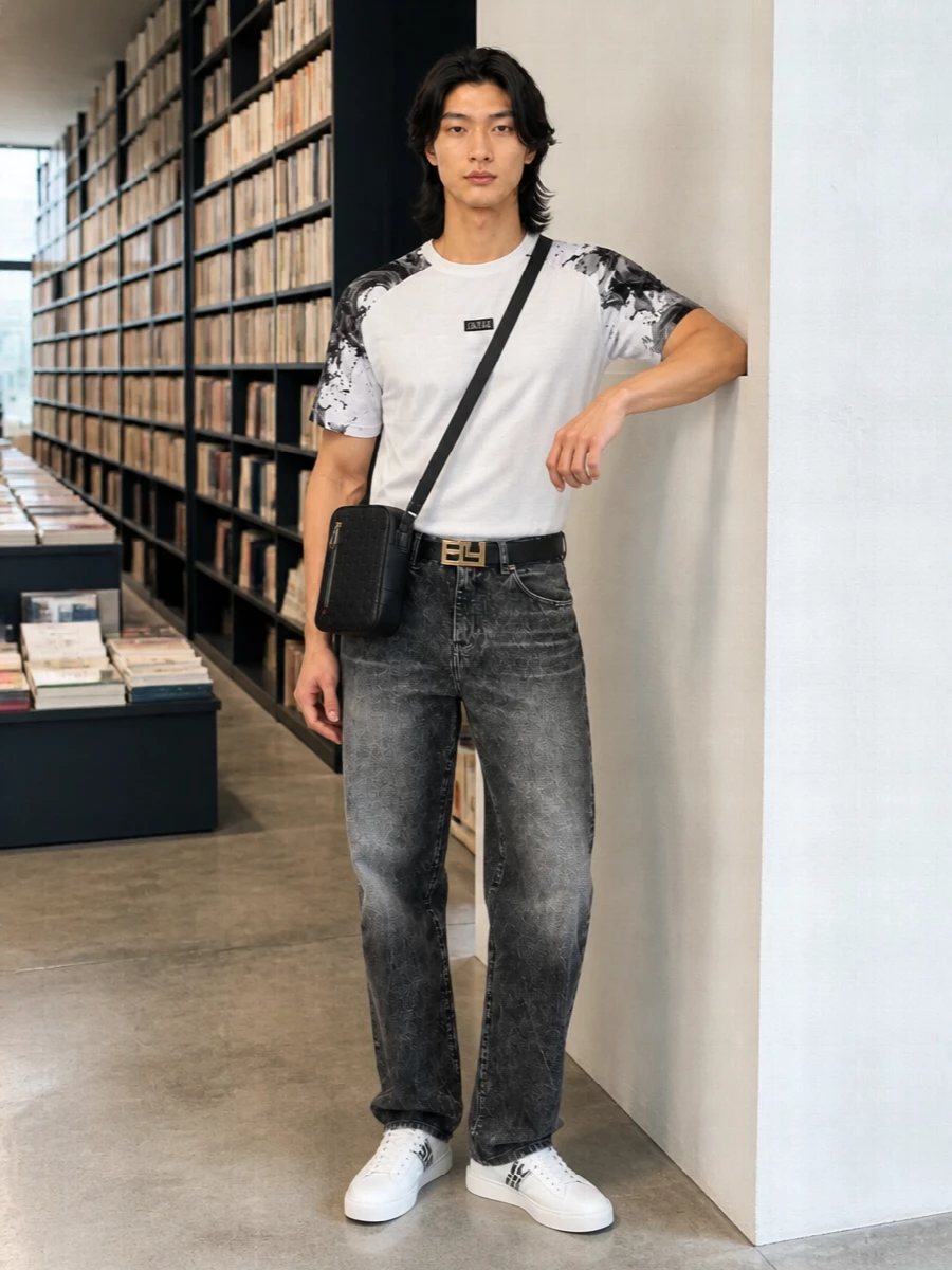 A monochrome street-preppy mix built around the graphic Versace tee, anchored with charcoal straight-leg denim for a clean, confident line. White and black Versace sneakers keep the palette tight while the black leather belt and compact crossbody add just enough hardware to feel considered without shouting. It is an easy city uniform that reads sharp from daytime errands to low-key dinners simply by how it is put together.