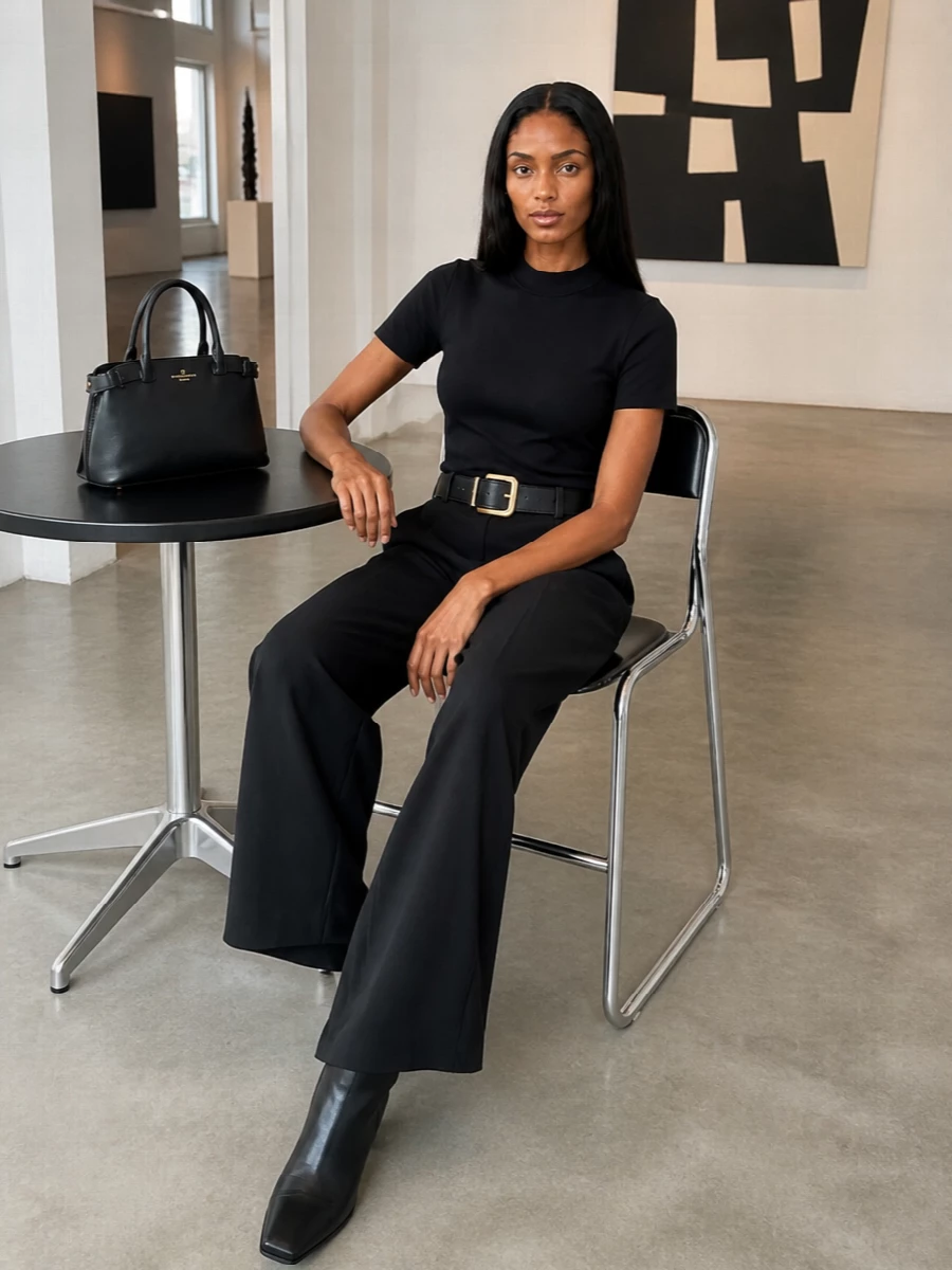 Courreges black wide leg trousers prada bag