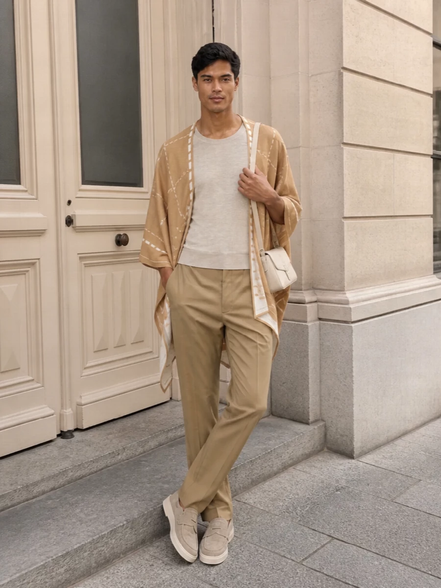 A Fendi poncho in camel and ivory drapes over a whisper-light Prada knit and precise camel trousers for a calm, elongated line. Stone suede loafers and a slim buttercream shoulder bag keep everything in the same soft, neutral conversation, giving a city-ready take on quiet luxury that still feels relaxed enough for travel or long days out. The mix of volumes stays deliberate, with the fluid outer layer anchored by tailored structure beneath.