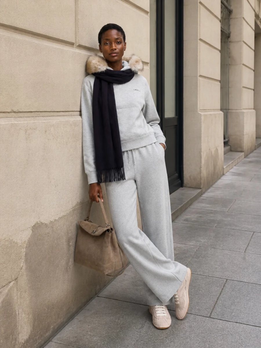 Prada grey knit loungewear wide leg pants outfit