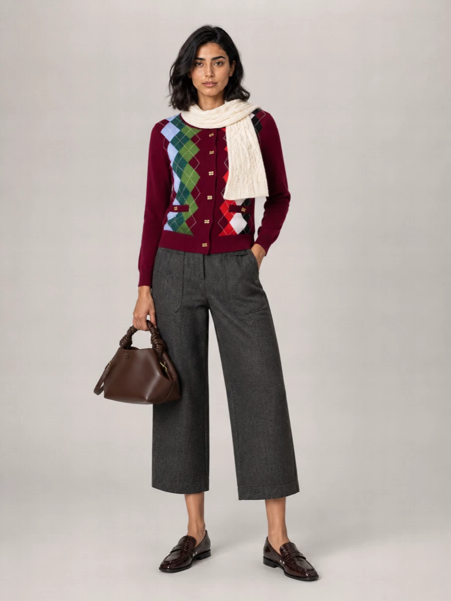 Ganni Cashmere Wool Checked Crewneck Cardigan