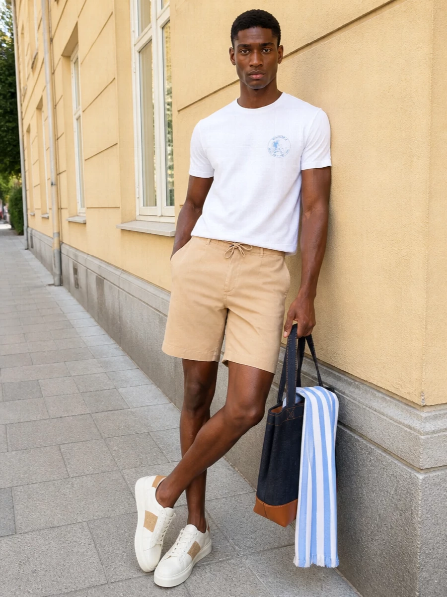Woolrich tee sand chino shorts white sneakers
