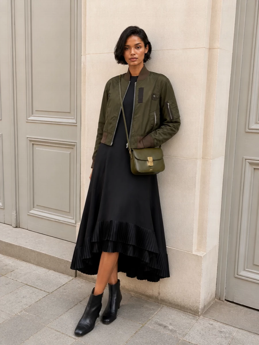 Sacai bomber black pleated midi dress outfit