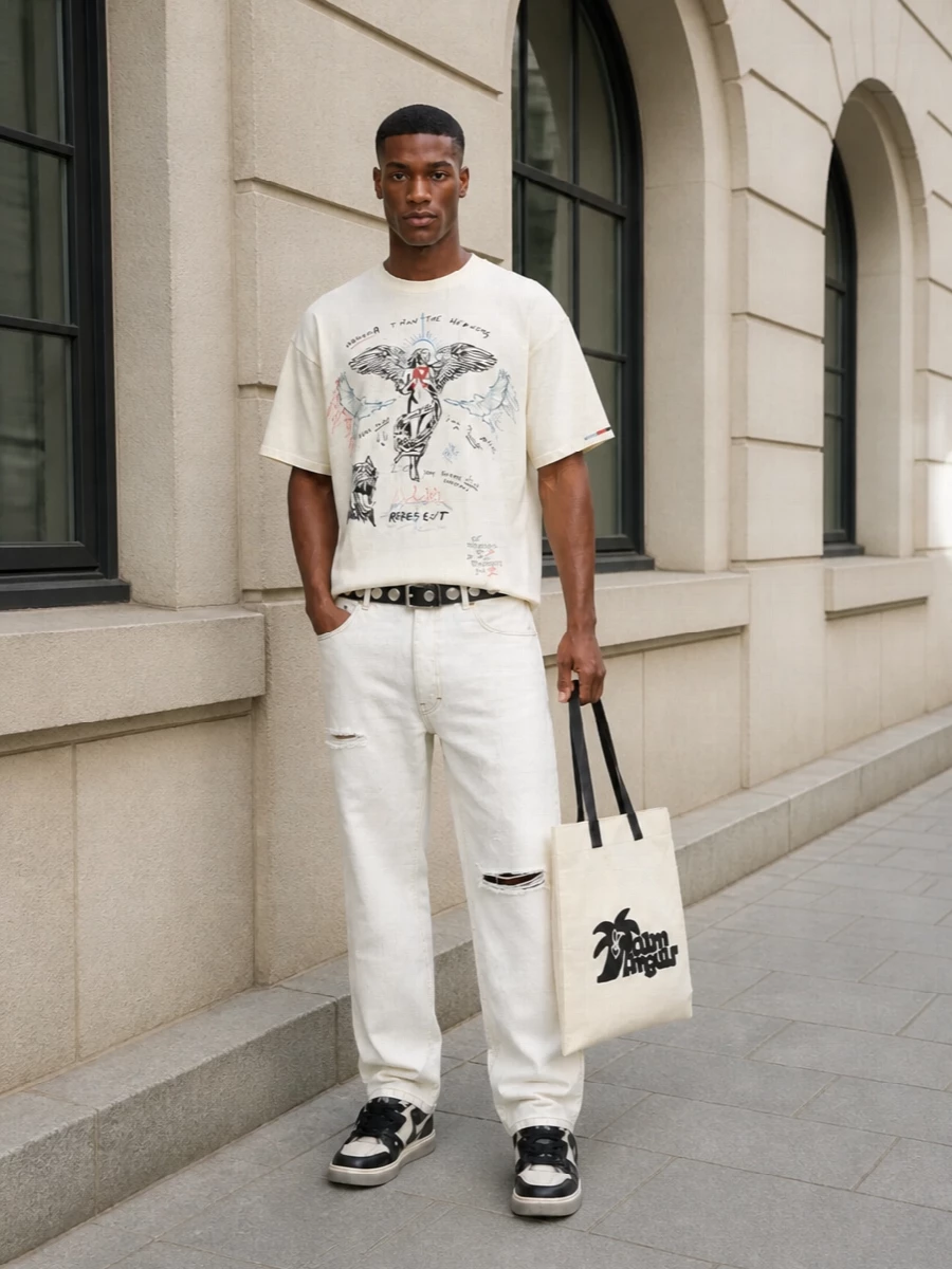 Represent graphic tee off white jeans sneakers