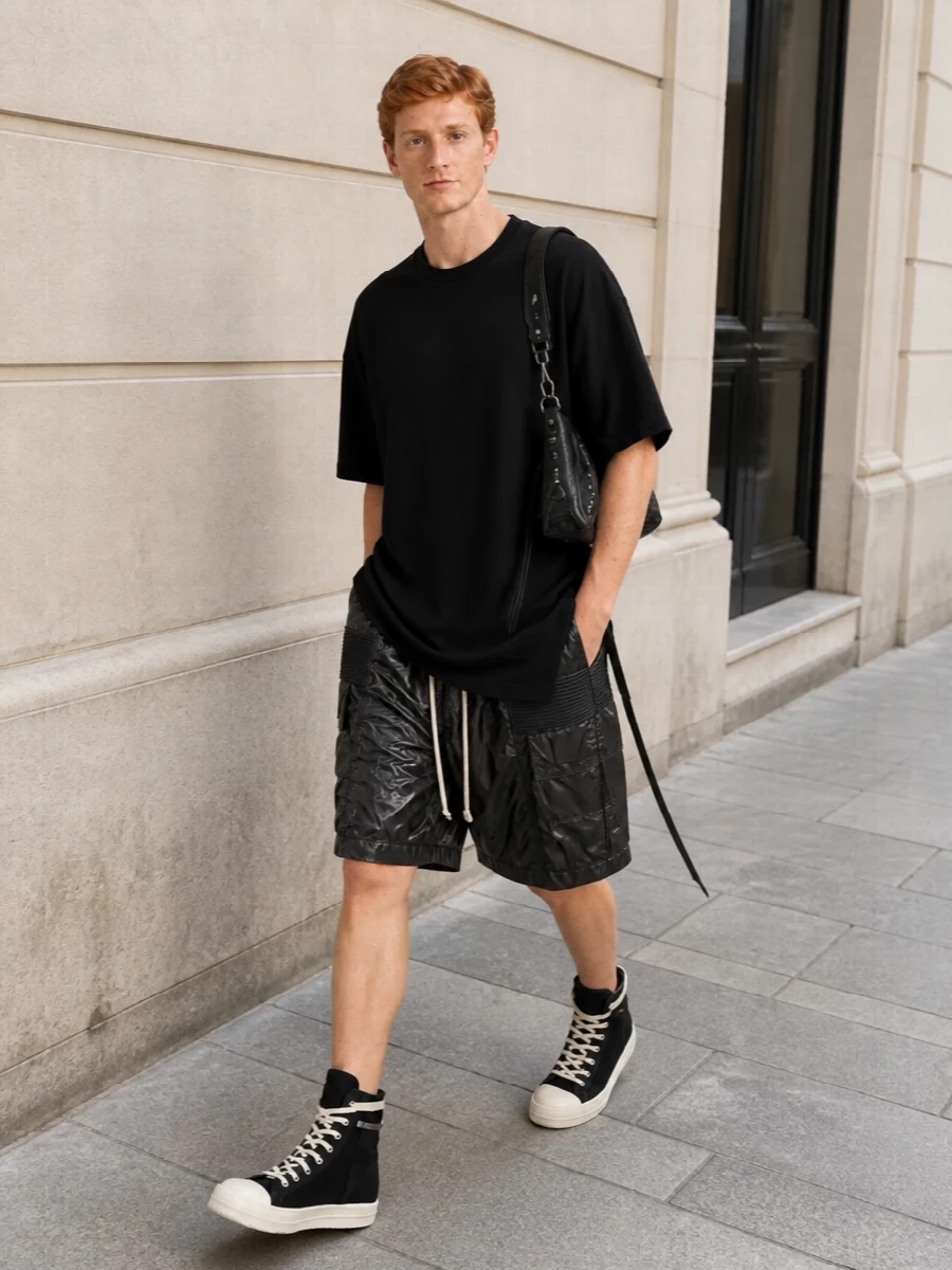 This look builds a stark monochrome Rick uniform around the technical charcoal cargo shorts, pairing them with a longline black tee whose asymmetric hem and trailing tape echo the shorts’ exaggerated drawcords. Chunky black hi-top sneakers with contrast rubber ground the volume and reinforce the graphic lines, while a compact black leather shoulder bag adds just enough structure and texture to keep the outfit sharp and functional for the city. The result is an easy summer street silhouette that feels distinctly underground yet wearable day to night.