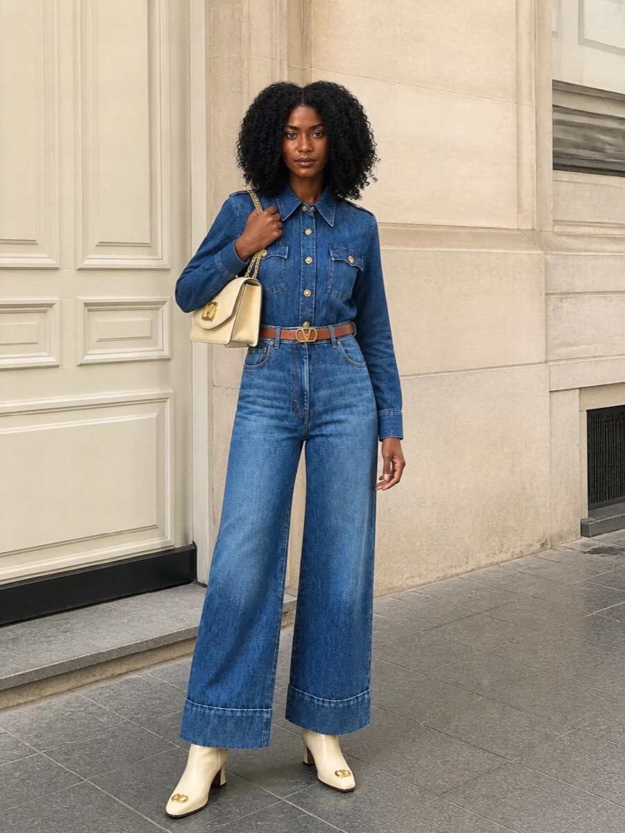 Denim is treated like tailoring here, pairing the structured military-inspired shirt with high-waisted wide-leg jeans for a clean, elongated line. Cream ankle boots and a buttercream chain bag soften the indigo while keeping every metal note in warm gold. A slim tan belt defines the waist so the proportions stay sharp rather than casual.