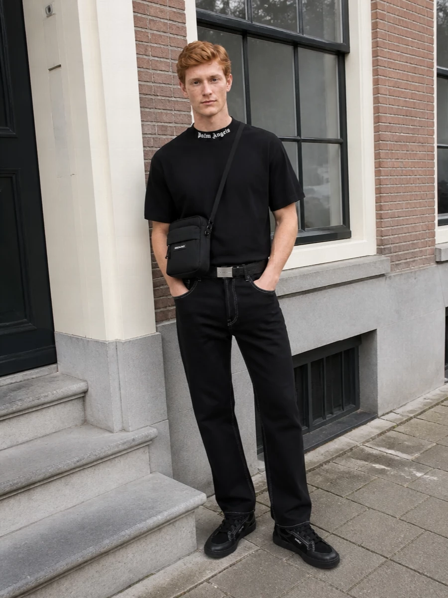 Palm angels black jeans streetwear sneakers outfit