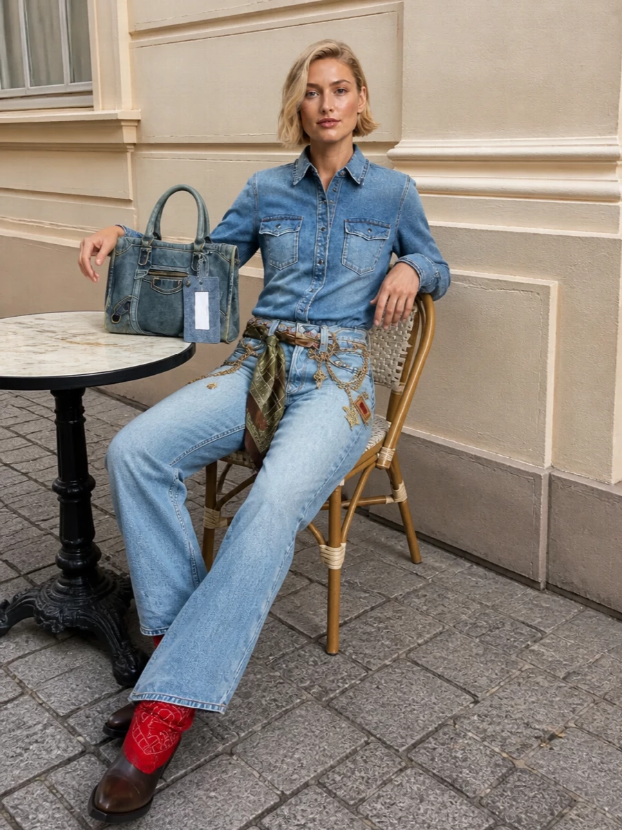 Embellished Acne denim takes center stage, tempered by a softly washed Chloé shirt that keeps the mood relaxed and a touch boho. Western-leaning Golden Goose boots echo the charms and scarf belt, while a structured Balenciaga denim bag pulls the palette together for a polished streetwear finish. The result feels rich in detail yet grounded enough to wear from daytime wandering to late-night bars.