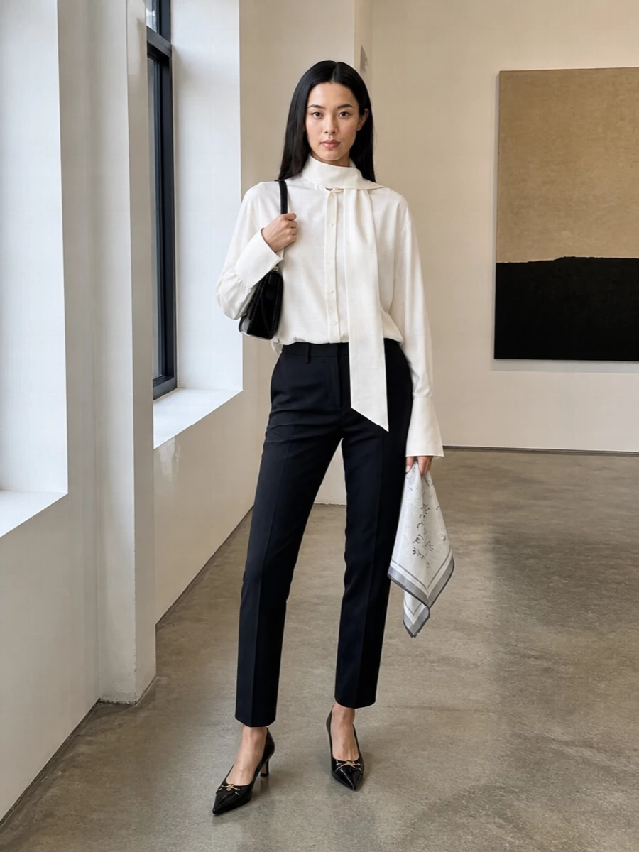 An ivory scarf-neck blouse is grounded with razor-sharp black tailoring for a modern, tuxedo-inflected evening ensemble. Pointed black pumps and a glossy patent shoulder bag keep the lines graphic and clean. A gauzy black-and-white silk square adds a whisper of interest without disturbing the calm palette.