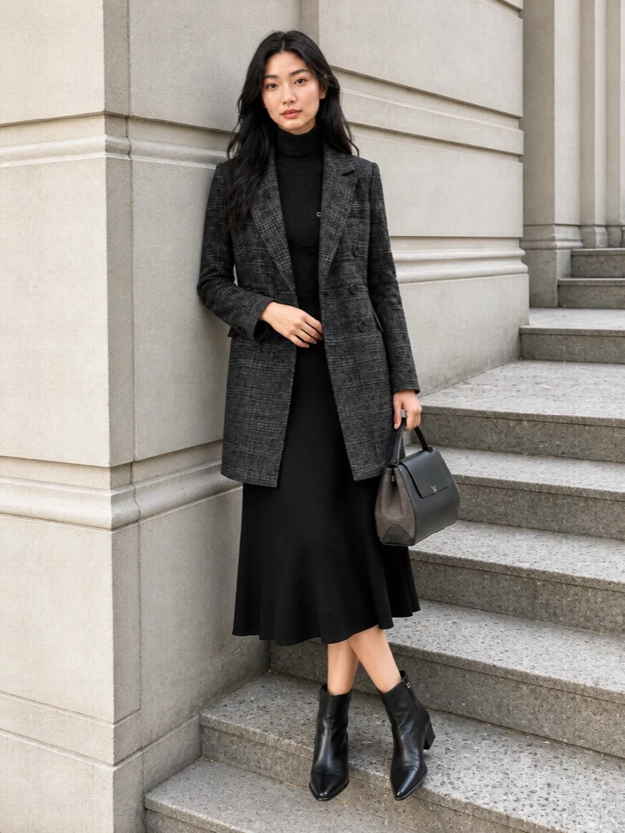 Circolo coat black midi dress ankle boots