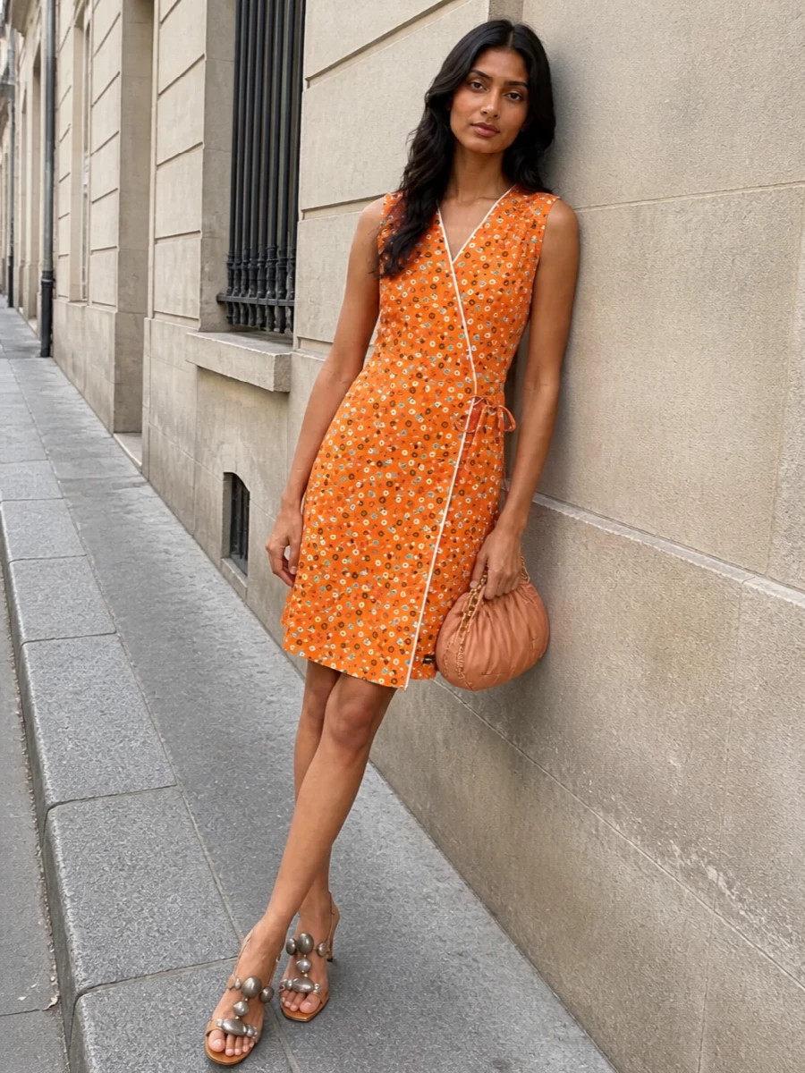 Floral wrap dress slingback heels clutch