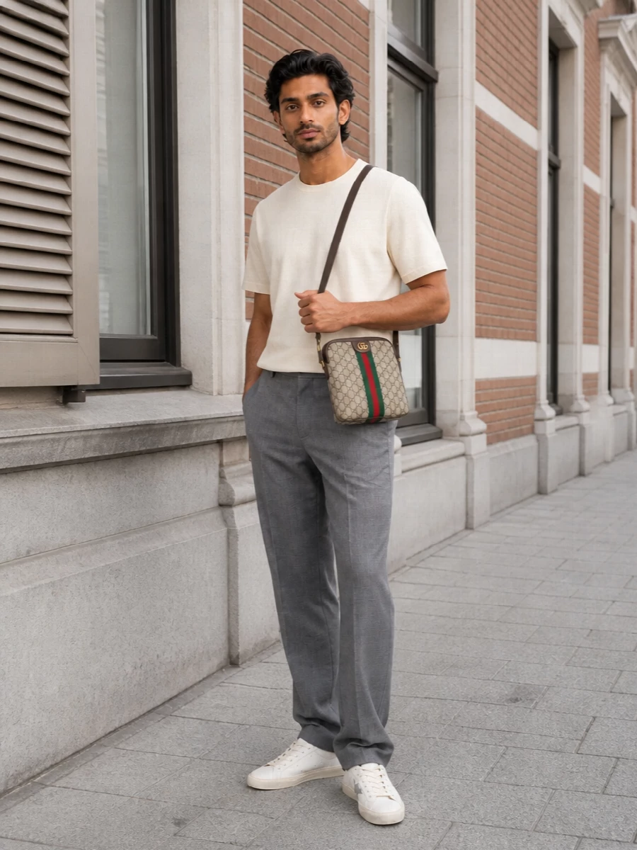 Golden goose sneakers grey trousers gucci bag