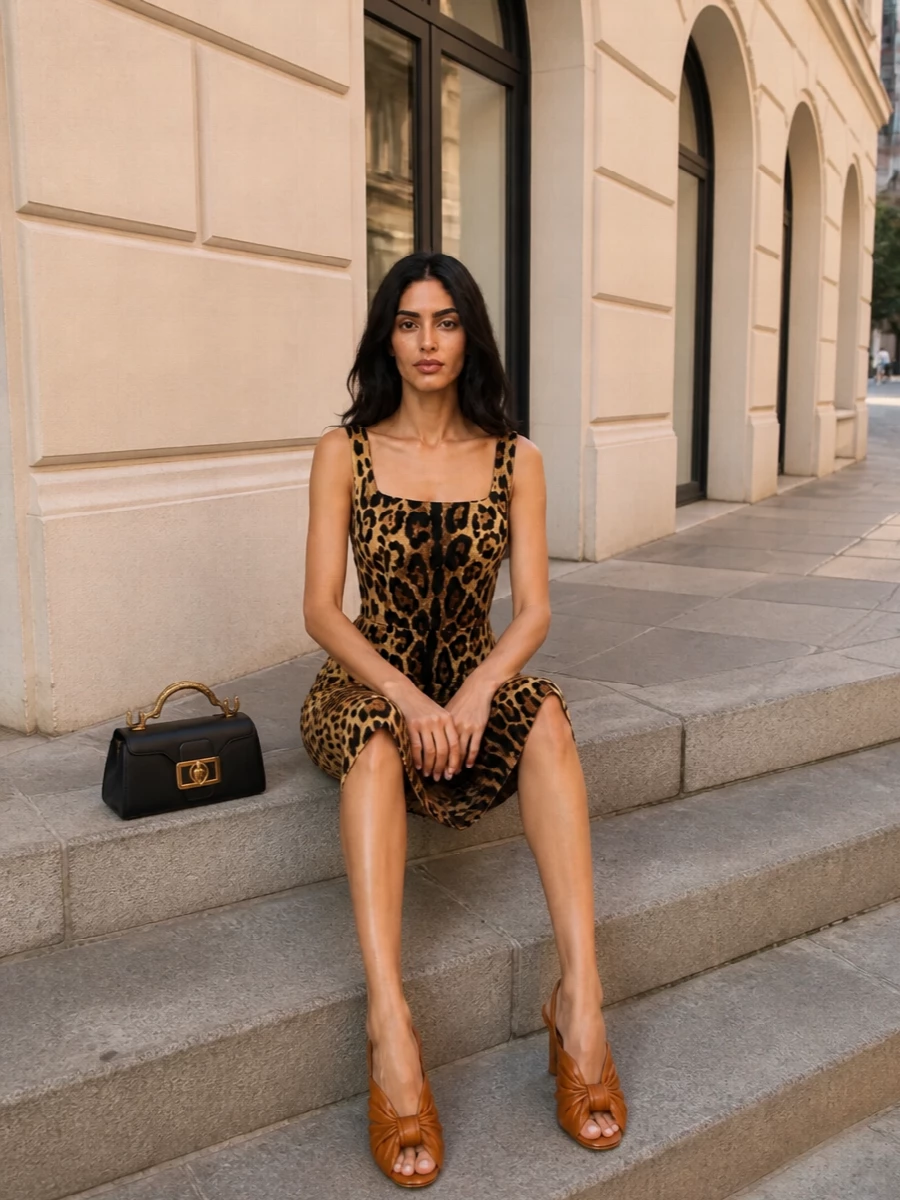 Dolce & Gabbana’s leopard sheath holds center stage, framed by rich caramel Fendi heels and a sculptural black Lanvin mini. The palette stays tightly in the warm, feline family, so the silhouette reads clean, body-conscious, and unapologetically glamorous for high-wattage summer nights.
