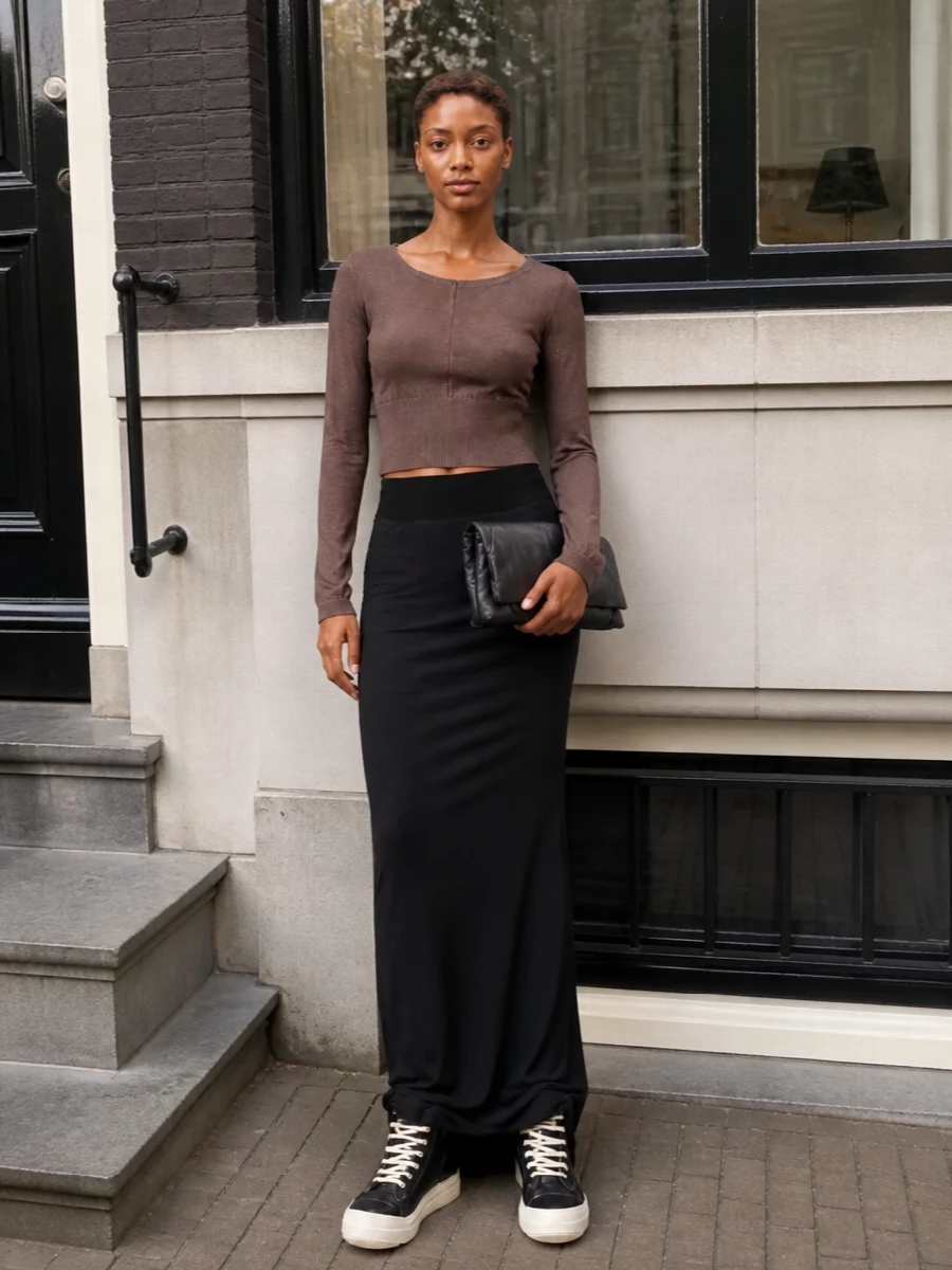 Rick owens mocha sweater black maxi skirt outfit