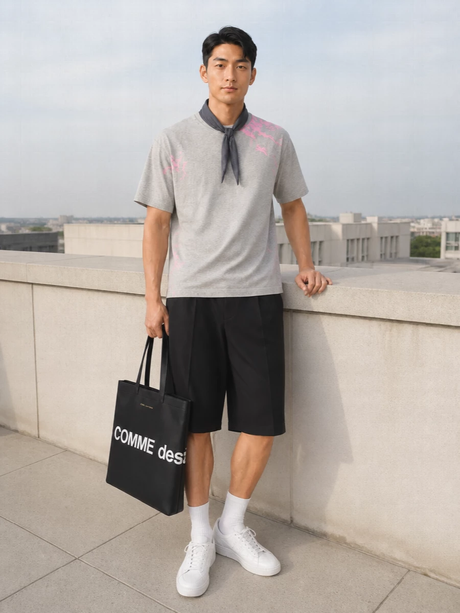 A heather grey tee with neon hits sits over long, tailored black shorts for a clean yet offbeat summer uniform. White CdG low-tops keep the lines sharp and fresh, while the oversized black logo tote finishes the city-ready attitude without crowding the color story.