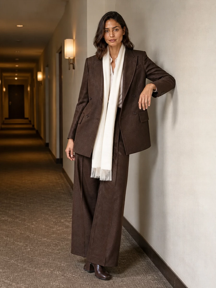 Max mara brown blazer wide leg trousers outfit