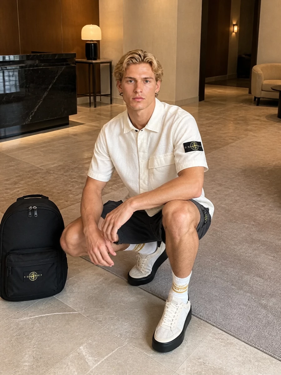 Washed charcoal shorts and an off-white Stone Island shirt set up a clean, city-ready mix of sport and utility with real summer airiness. Cream-toned technical sneakers and striped socks pick up the lightness up top, while a black backpack keeps the whole palette grounded and practical for all-day movement.