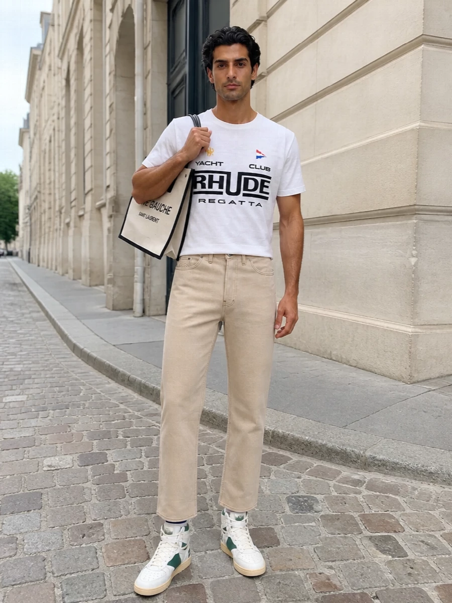 A Rhude regatta tee sits over light beige straight-leg Rhude trousers for a cleaner, yacht-club spin on streetwear. Sage-accented Rhude high-tops keep the mood athletic yet refined, while an ivory Saint Laurent Rive Gauche tote and off-white striped socks finish the coastal palette with a subtle, graphic edge. This is easy city-to-marina dressing that still feels sharply put together.