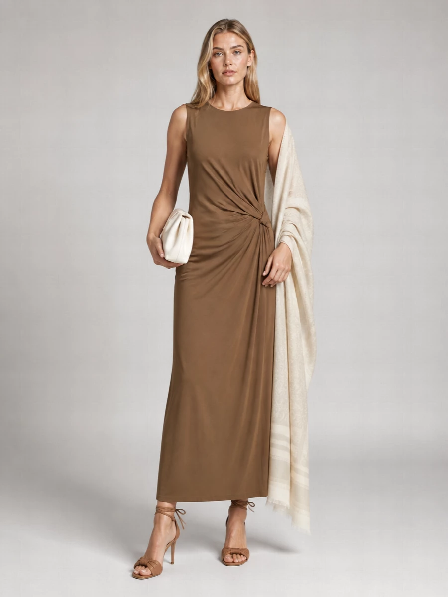 Elisabetta Franchi Shiny Viscose Draped Sleeveless Maxi Dress