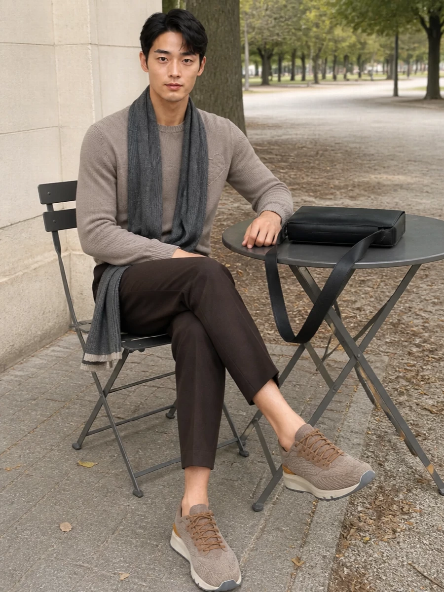 Moschino taupe sweater brown trousers outfit