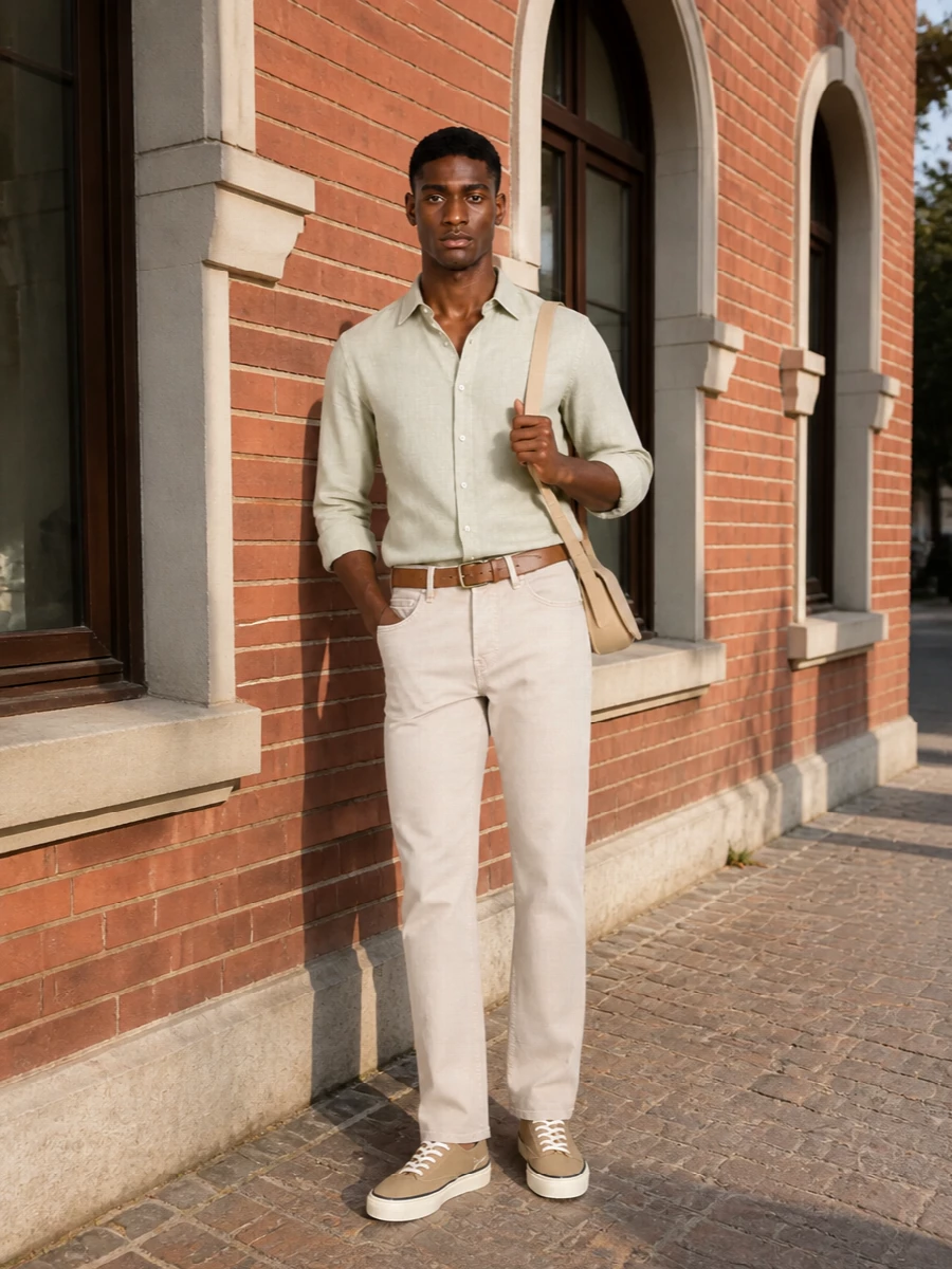 Jacob cohen beige jeans sage linen shirt outfit