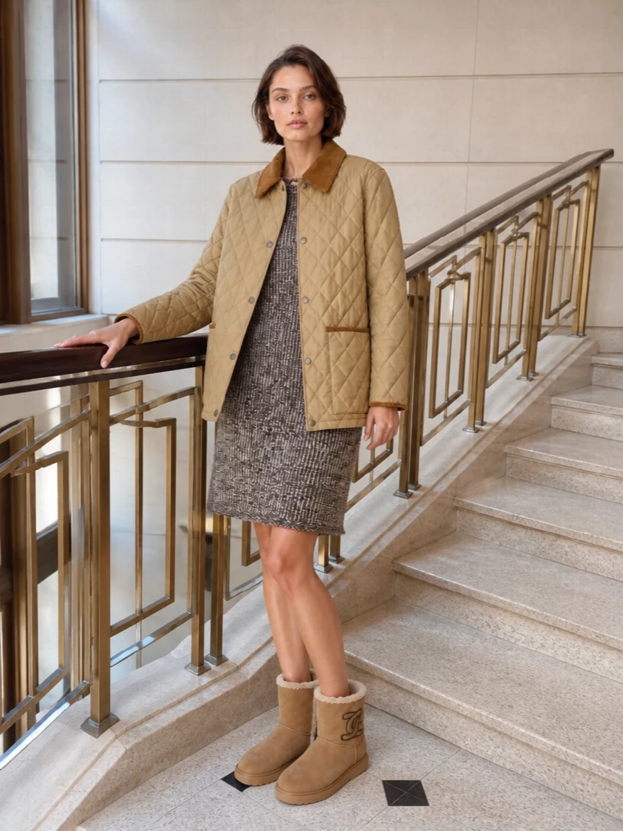 I’m anchoring this around the dress path so the Burberry quilted jacket becomes the softly structured outer layer over a single, textured column rather than competing with tailoring underneath. The Fabiana Filippi shift, suede Marc Jacobs tote and Tod’s shearling boots keep everything in a warm taupe and camel story, giving a refined countryside-to-city feel that is quietly expensive rather than logo-driven. It is relaxed in attitude but considered in proportion and texture, ideal for cool days when you want polish without stiffness.
