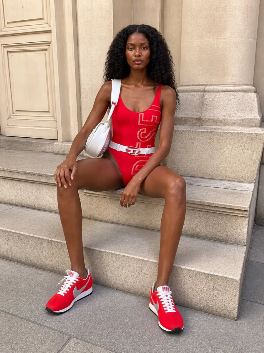 This pairing leans fully into sport-meets-street, with the red one-piece and retro runners giving a strong, confident color story that still feels easy and wearable. The white bag and belt sharpen everything just enough, adding a clean graphic hit that balances the bold branding and keeps the outfit fresh for long hot days in the city or at the beach bar.