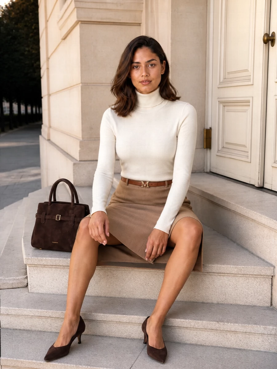 Max mara camel pencil skirt ivory turtleneck outfit