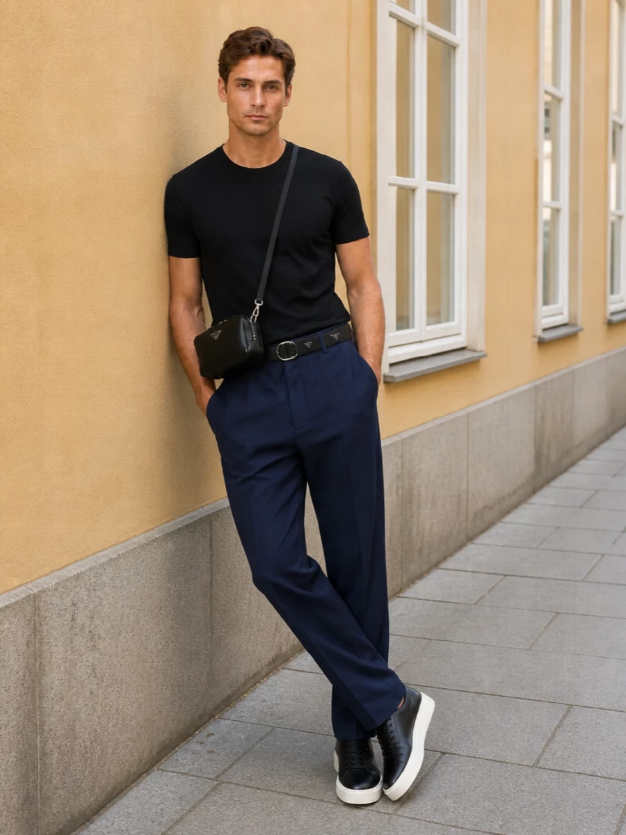 A deep black crew-neck tee sits against relaxed navy tailoring for a calm, monochrome base that feels precise rather than formal. Clean black leather sneakers keep the line modern and mobile, while the structured crossbody and slim belt add barely-there definition. It is an easy uniform for city days when you want polish with almost no visual noise.