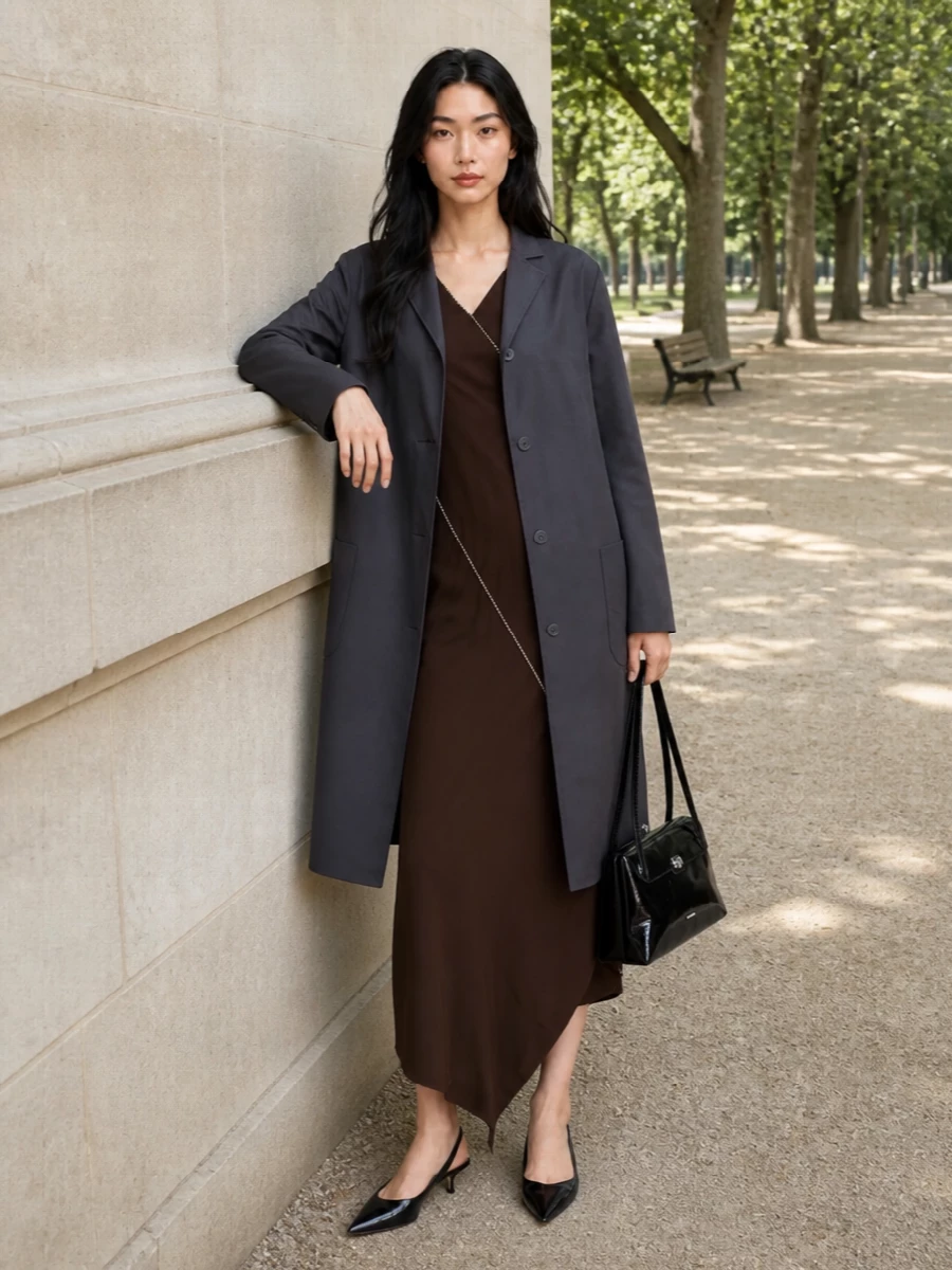 Jil sander charcoal coat chocolate midi dress