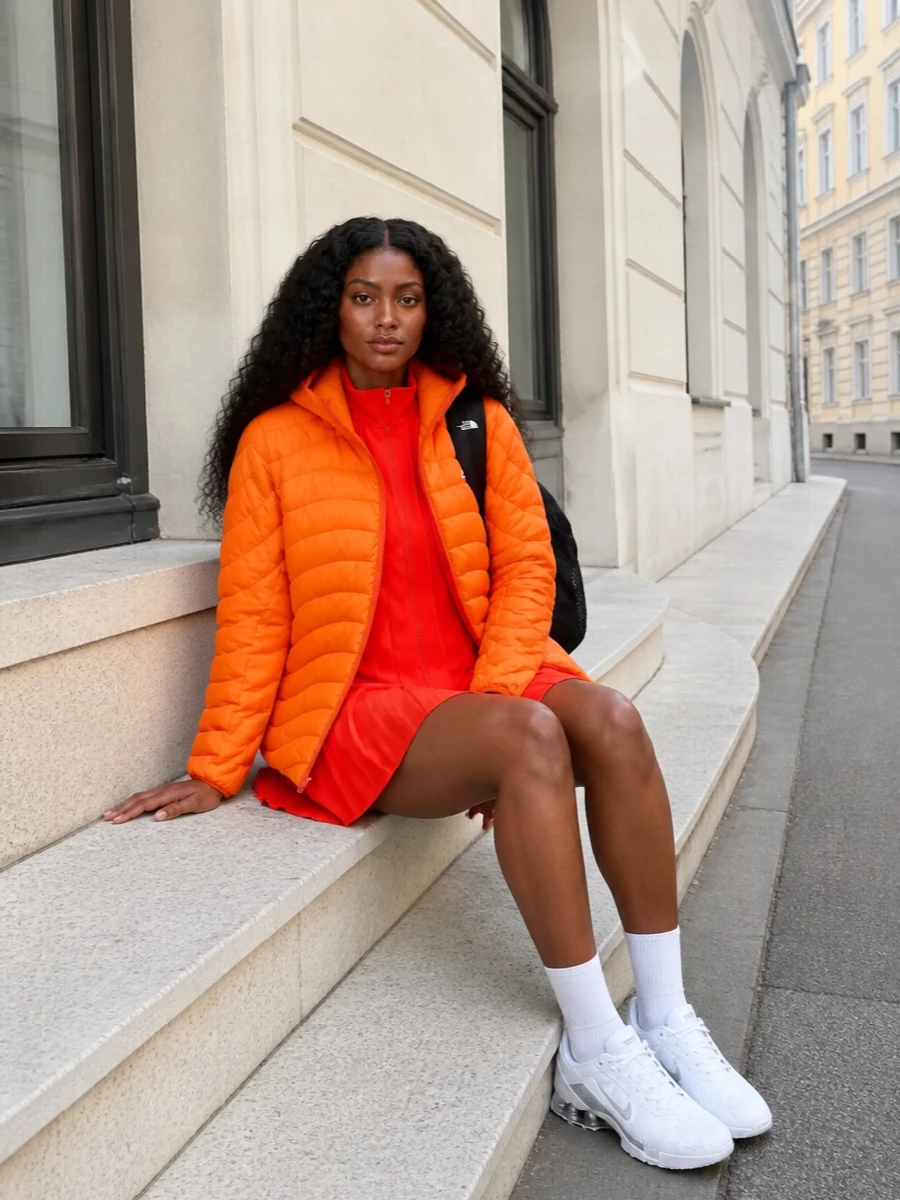 Nike orange puffer mini dress sneakers outfit