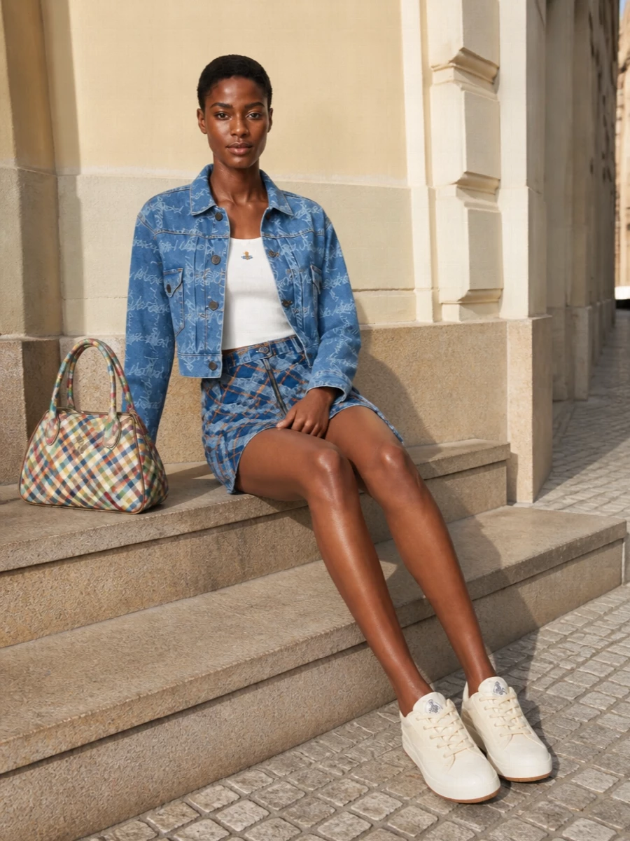 Vivienne westwood denim jacket mini skirt outfit