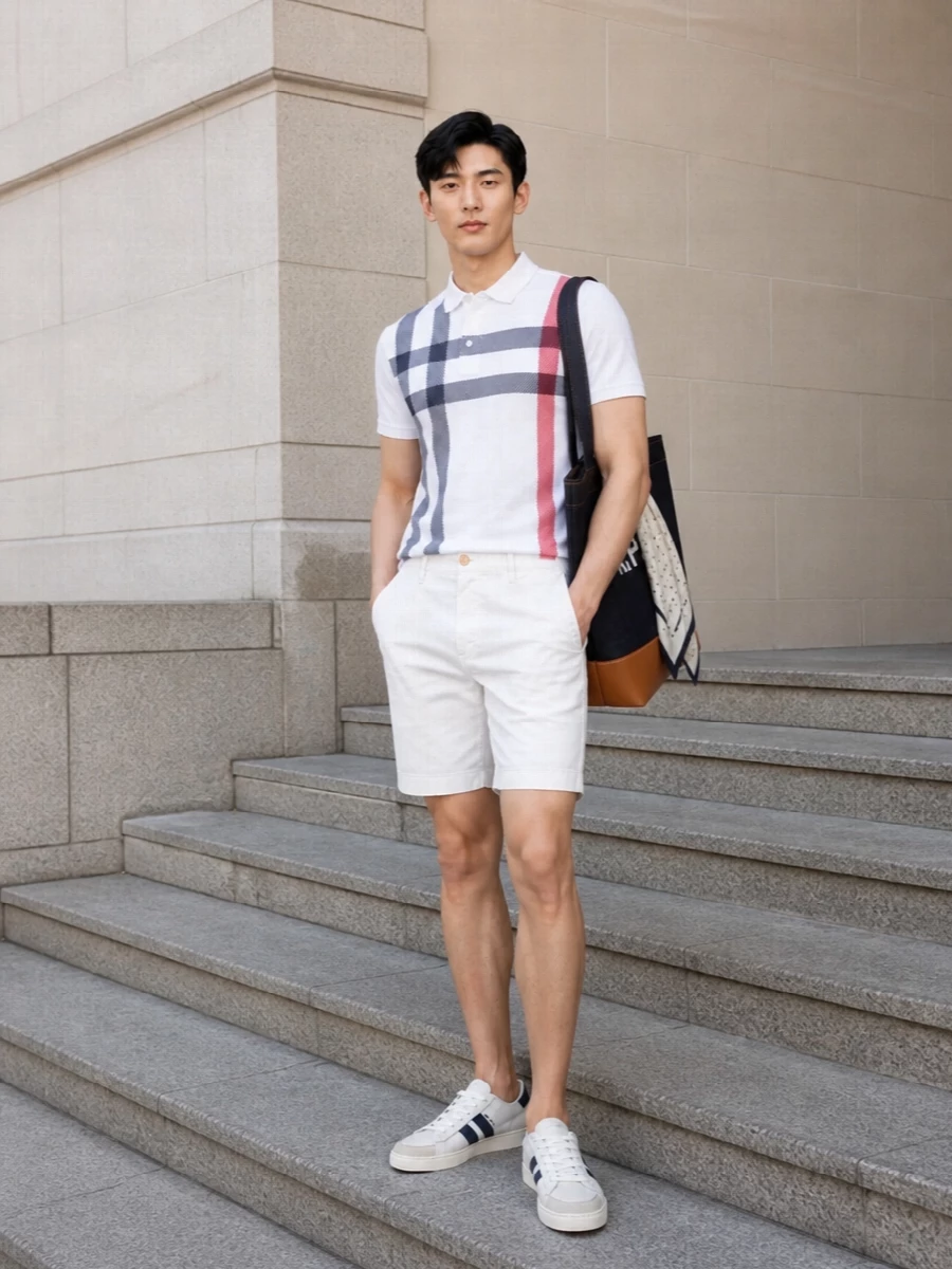 Barbour’s bold check polo is cleaned up with tailored white chinos, keeping the graphic print sharp and fresh for warm days. Off-white and navy Bally sneakers echo the inky tones in a low-key way, while the indigo A.P.C. tote and a neat cream and navy scarf complete a British-leaning, city-ready off-duty uniform. It is preppy and sport-influenced, but still put-together enough for terraces, lunches and easy evenings out.