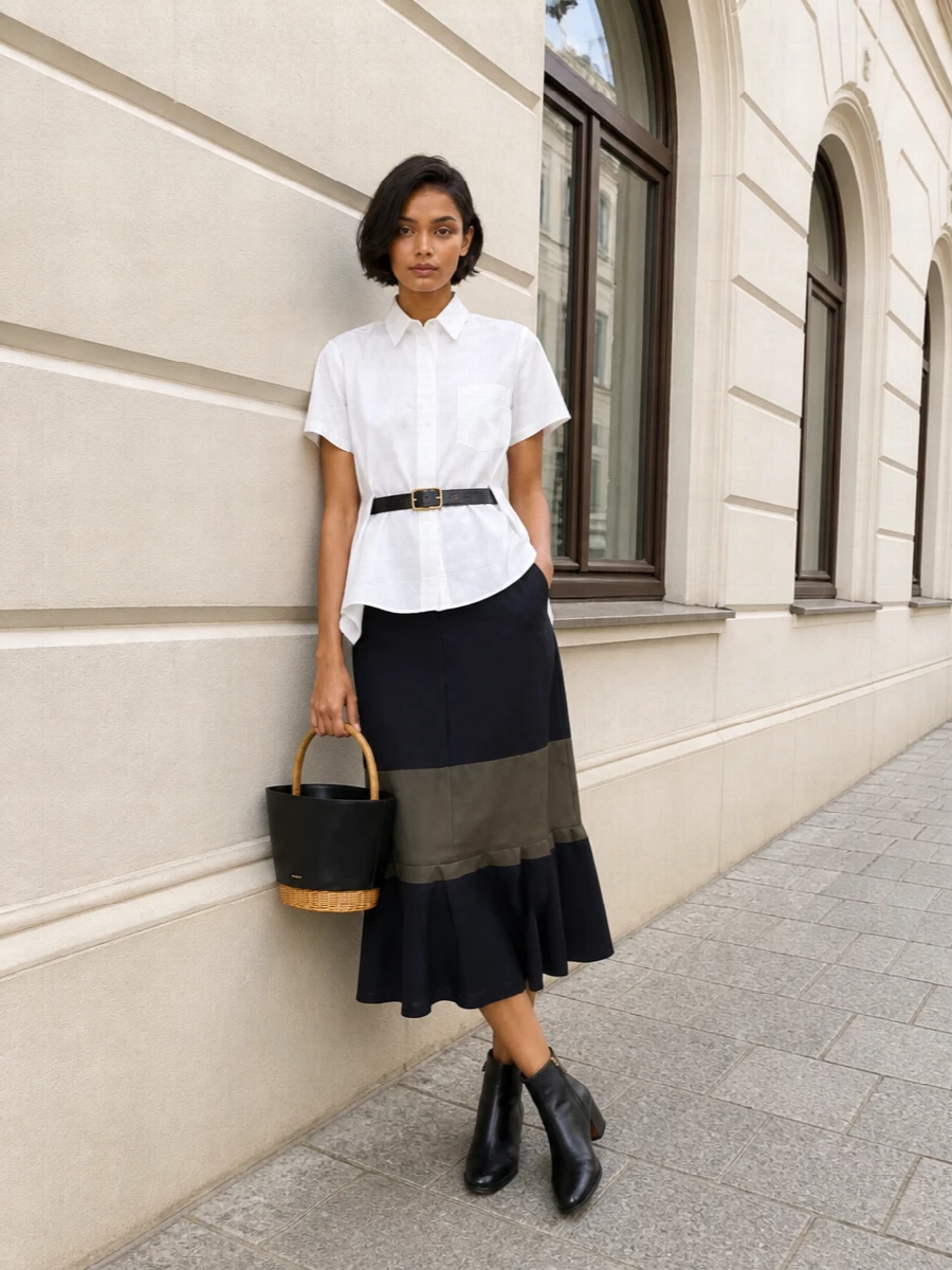 Sacai skirt white shirt ankle boots outfit