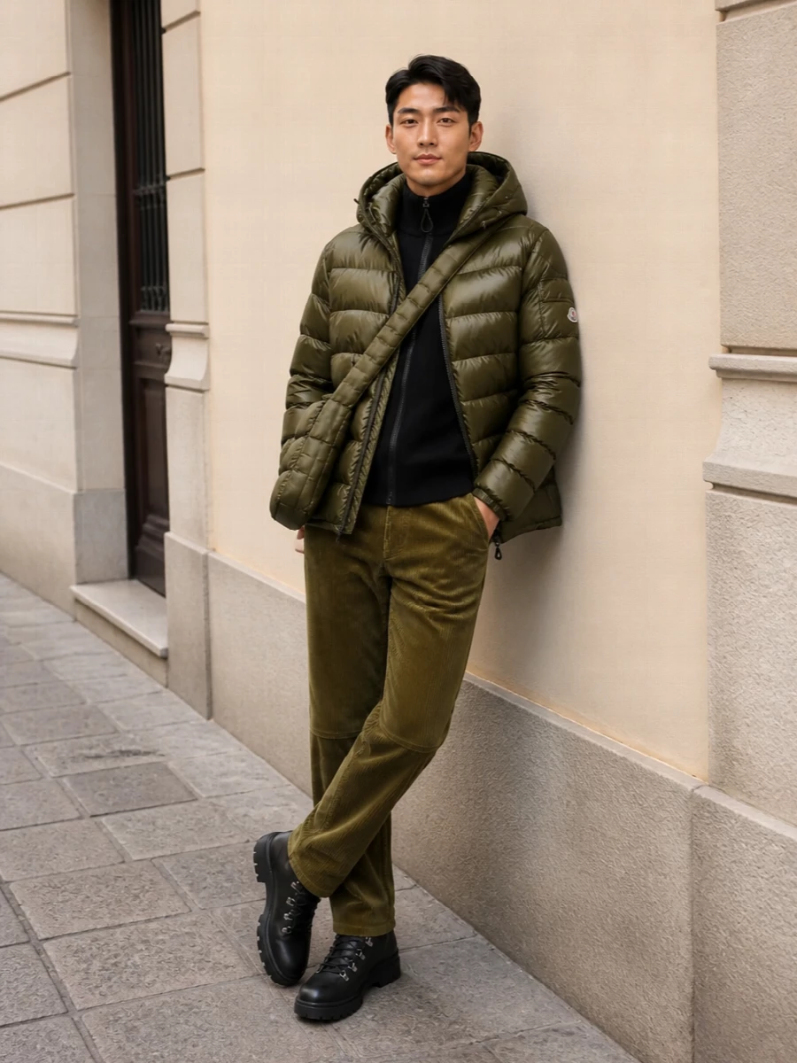 Moncler olive puffer corduroy pants winter outfit