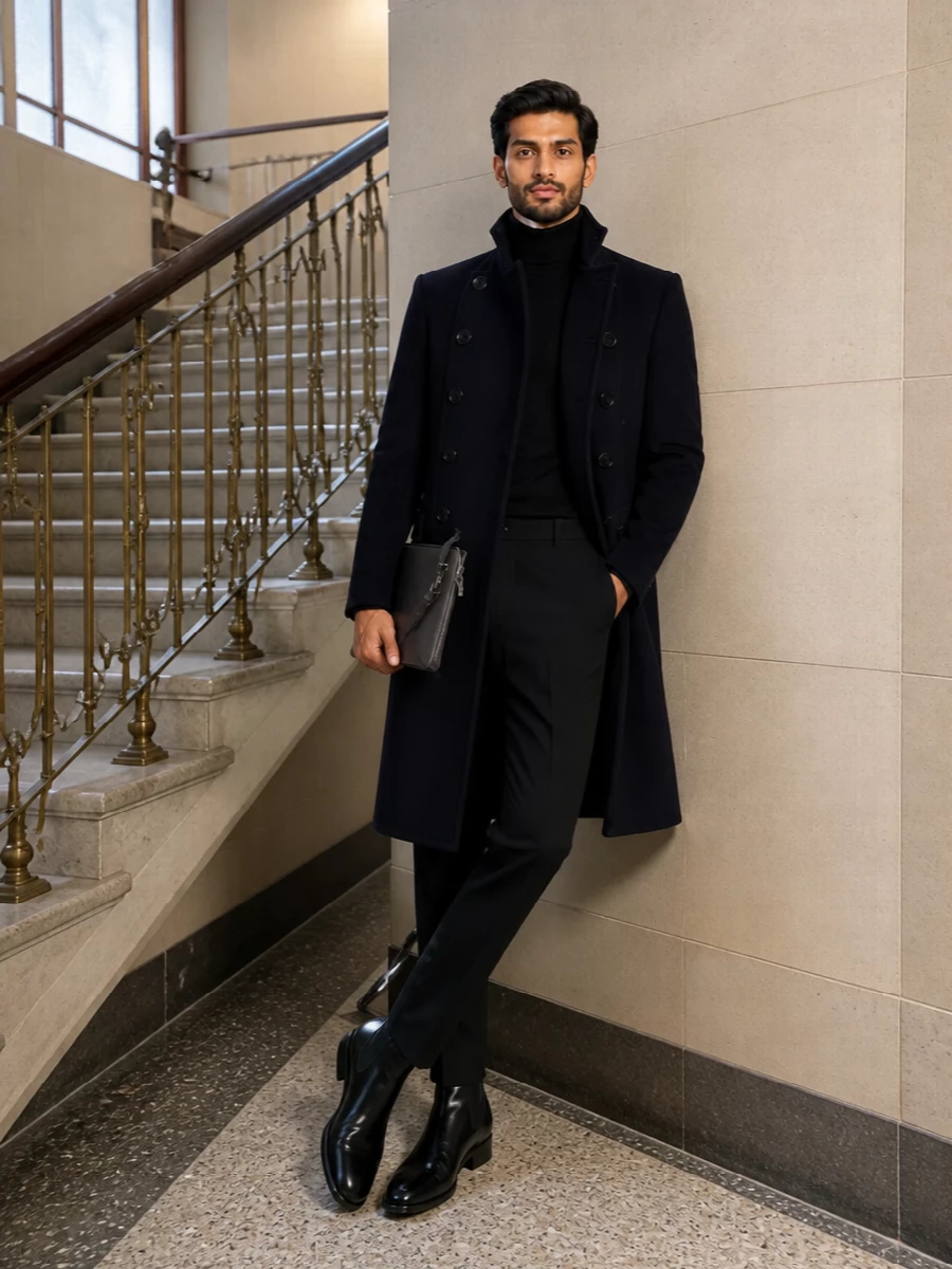 Tom ford navy coat black turtleneck boots